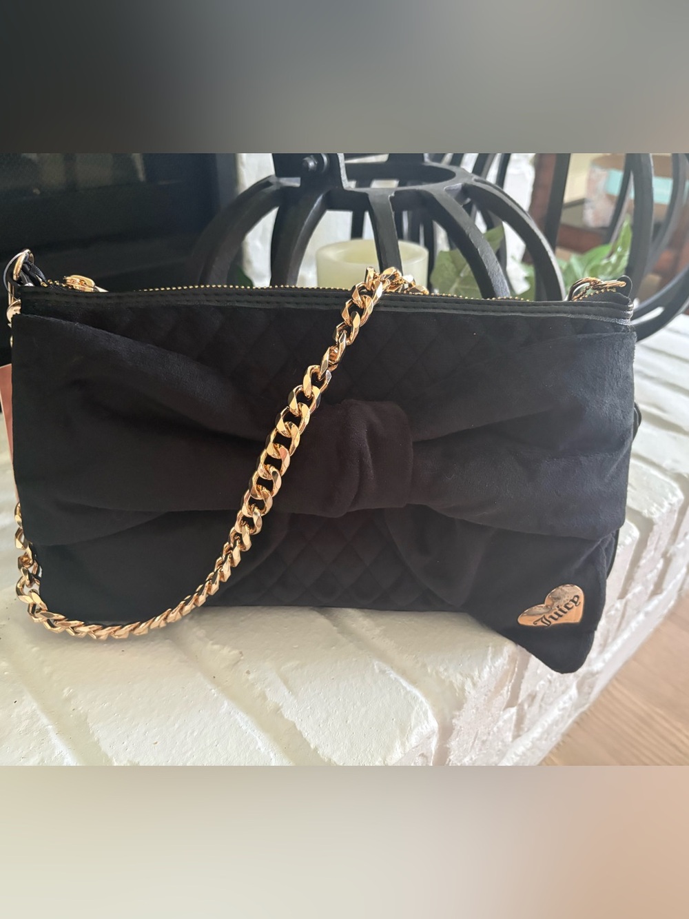 NEW Juicy Couture Black Quilted Bow Shoulder Bag with Gold Chain Strap